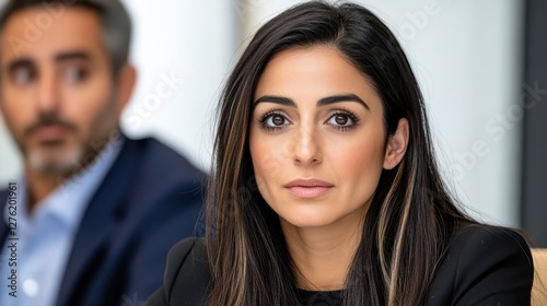 Wallpaper Mural Portrait of a woman with long dark hair, serious expression, wearing a black blazer. A person is blurred in the background. Natural indoor lighting Torontodigital.ca