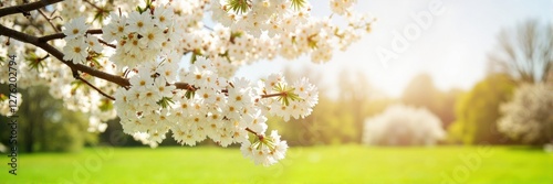 Flowering cherry tree branches in sunny green park during spring  