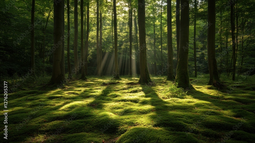 Obraz premium A serene forest scene with sunlight filtering through trees, illuminating a mossy ground.