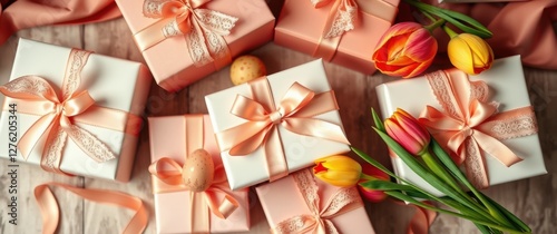 Gifts and Tulips: A Pastel Celebration. Presents decorated with ribbons beside colorful spring blossoms.