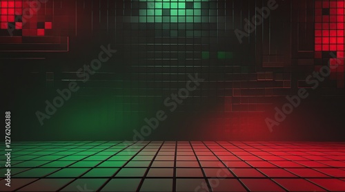 A dark red and green noise effect background with neon light shadows blends into the base background featuring a pixelated backdrop