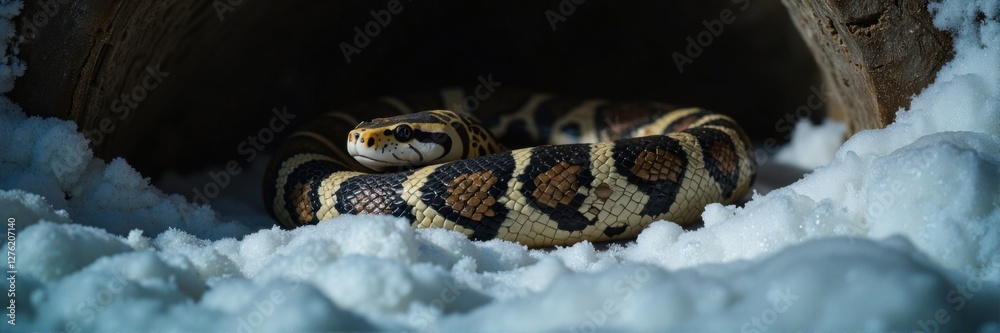 Obraz premium Coiled python resting quietly in log burrow on snowy background