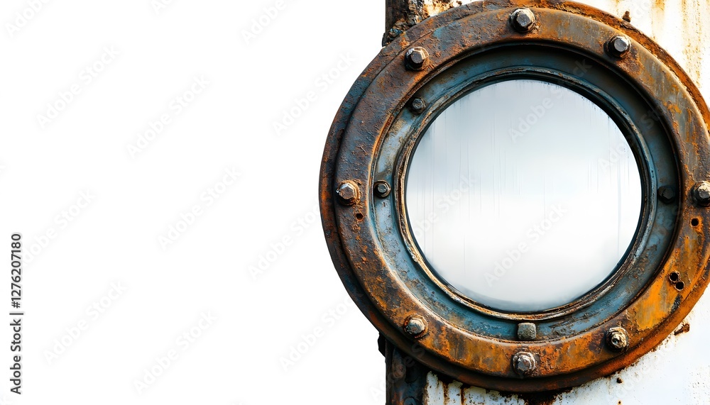 Naklejka premium A rusty circular porthole with bolts against white background
