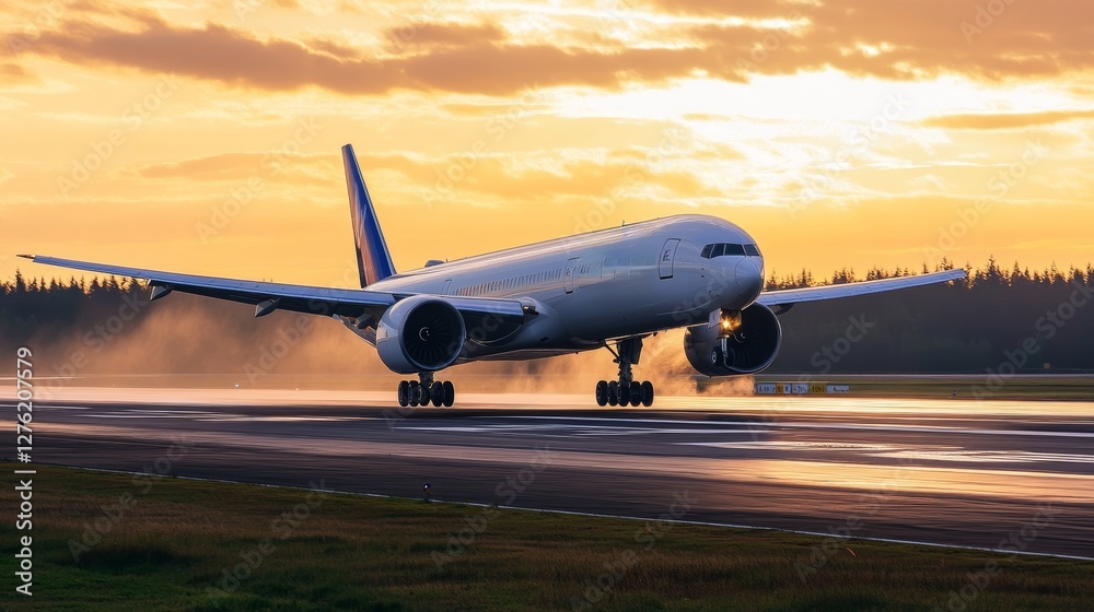 Fototapeta premium An airplane takes off from the airport runway at sunset.