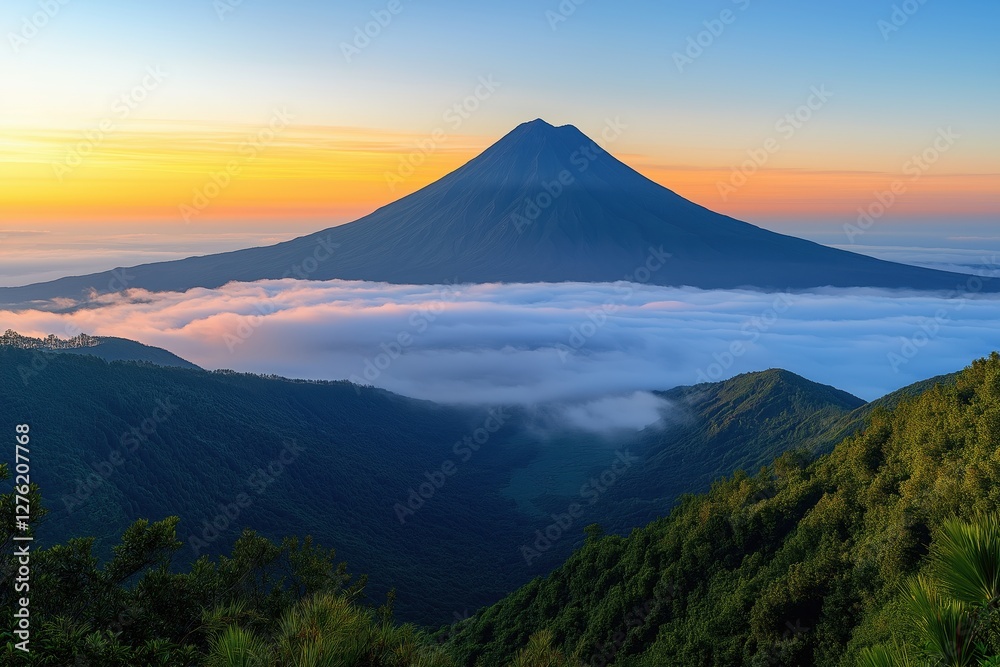 Majestic volcano with misty peak rising above a lush green landscape Majestic volcano with misty peak rising above a lush green landscape