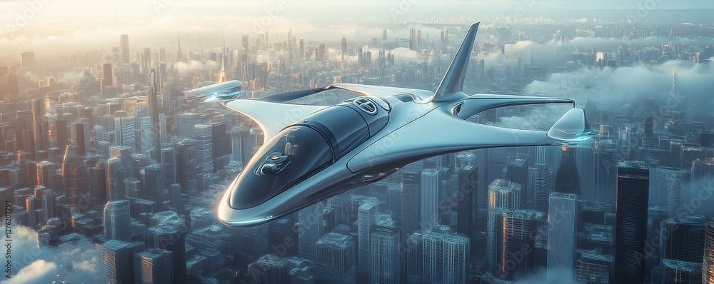 A futuristic aircraft soars above a modern city, showcasing advanced technology and sleek design amidst urban skyscrapers and clouds.