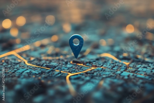 Blue location pin on a city map, blurred background