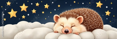 Cute hedgehog sleeping on clouds with stars in the sky