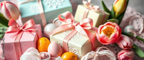 Elegant gift boxes with ribbons and tulips evoke a celebratory mood, ideal for special occasions.