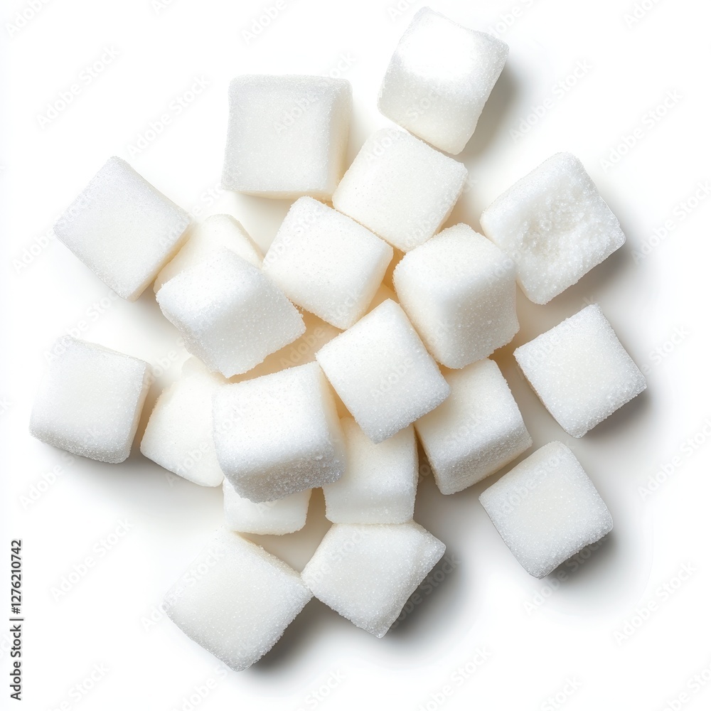 Close-up of many white sugar cubes scattered on white background. Close-up of many white sugar cubes scattered on white background.