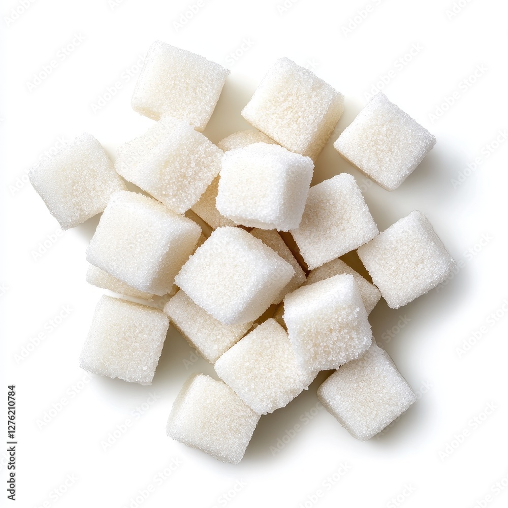 Close-up of a pile of white sugar cubes on a white background. Close-up of a pile of white sugar cubes on a white background.