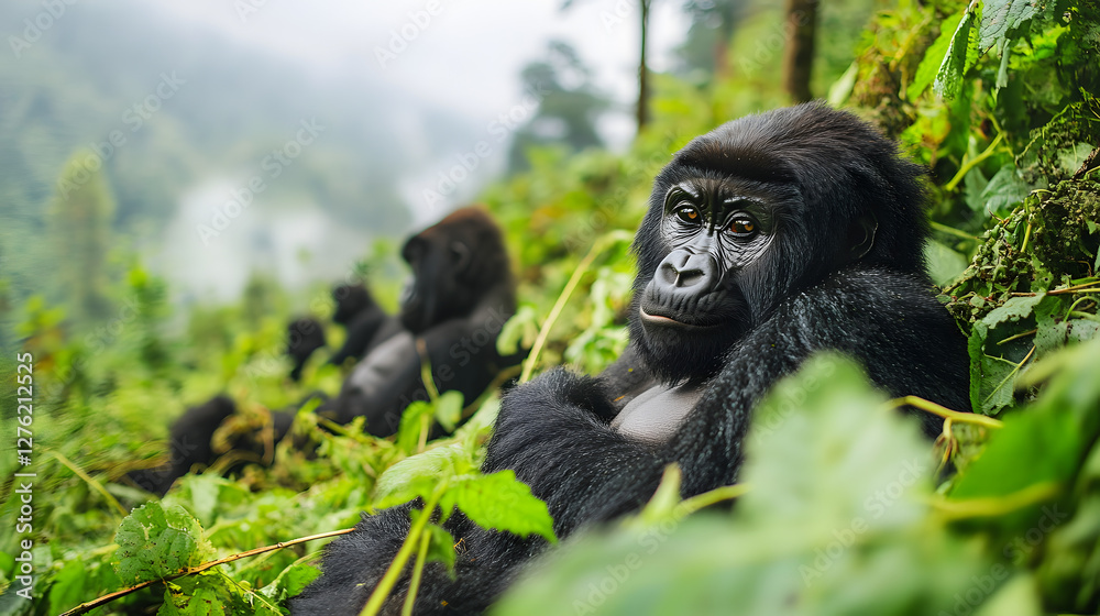 Gorillas resting in lush greenery, family of large primates surrounded by vibrant foliage in a tranquil environment. Gorillas resting in lush greenery, family of large primates surrounded by vibrant foliage in a tranquil environment.