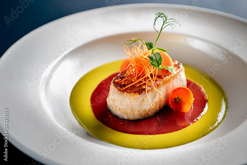 A beautifully plated gourmet dish on a modern white ceramic plate