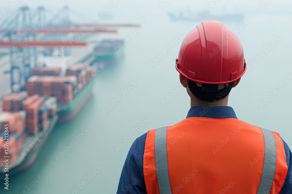 A worker in a hard hat and safety vest observes shipping containers at a busy port, highlighting logistics and maritime operations. A worker in a hard hat and safety vest observes shipping containers at a busy port, highlighting logistics and maritime operations.
