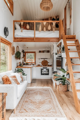 Intérieur d'un tiny house lumineuse au style bohème chic avec mezzanine, décoration en macramé et touches végétales
