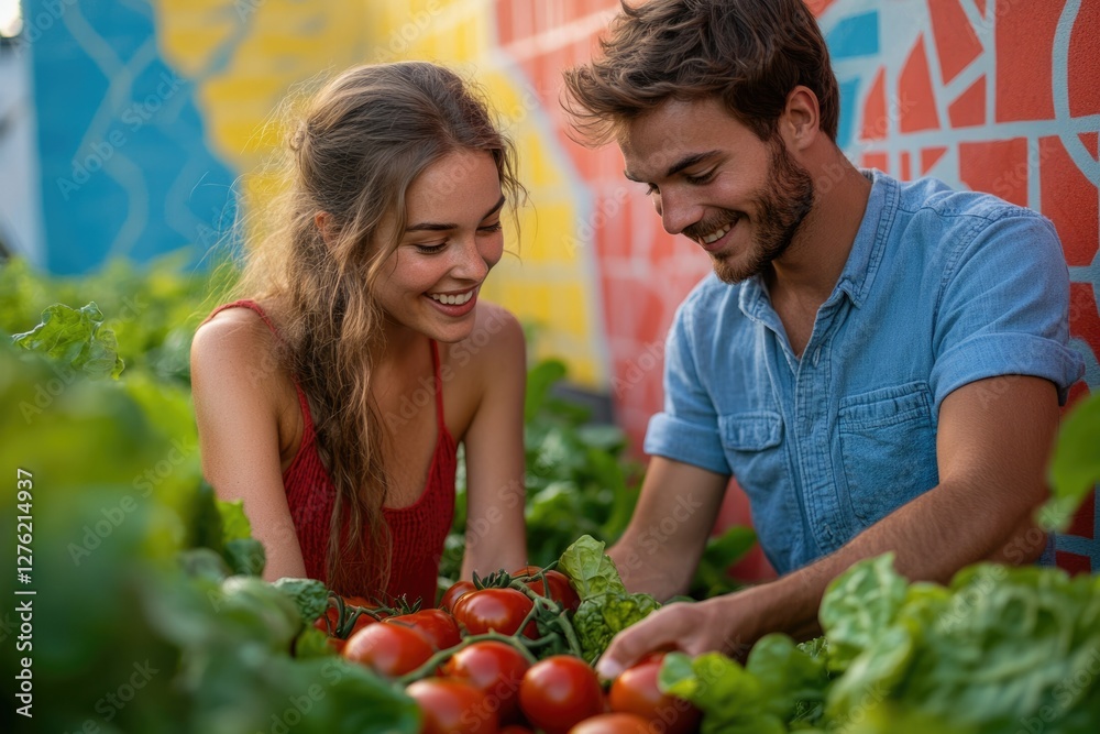 A happy couple harvests ripe red tomatoes from their vibrant garden, enjoying the fruits of their labor.