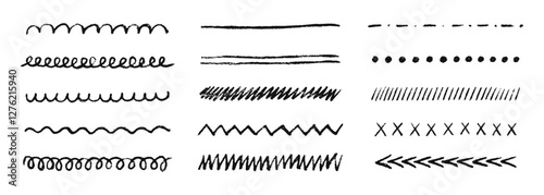 Set hand drawn crayon stripes and pencil underlines doodle, chalk scribbles, charcoal strikes for notes. Grunge texture. Collection of squiggly, wavy, zigzag lines. Vector illustration