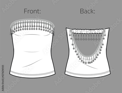 Vector woman sleeveless top with decorative bead trim and opened back fashion CAD, strapless body con dress technical drawing, template, flat, sketch.Slim fit corset with front, back view, white color