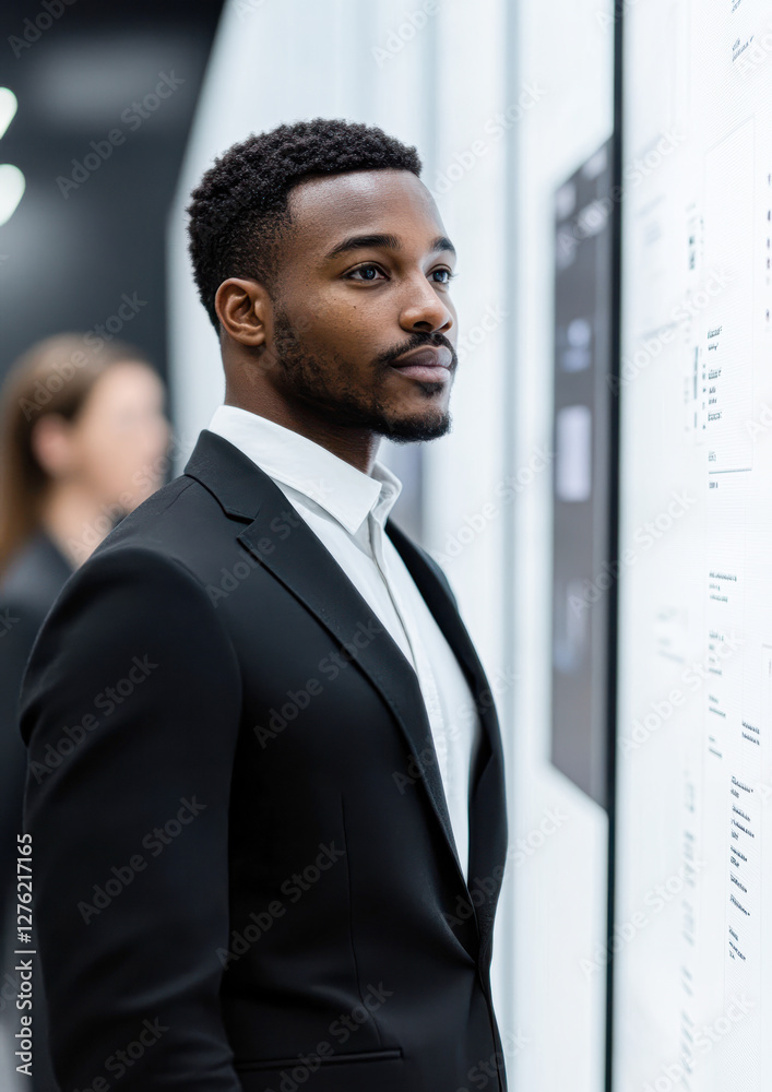 A well-dressed man gazes thoughtfully at a digital display in a modern, sleek environment, suggesting a focus on technology or innovation.