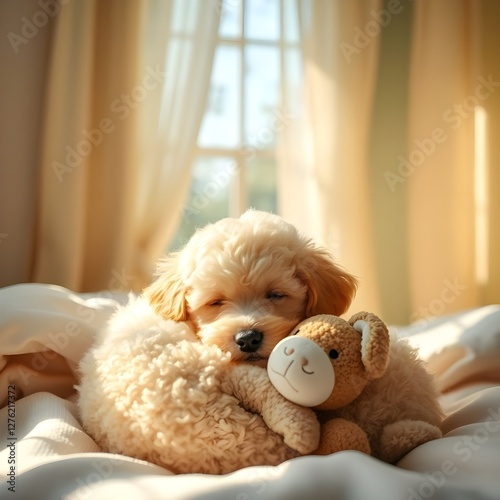Un cachorro de caniche acurrucado y dormido junto a una muñeca