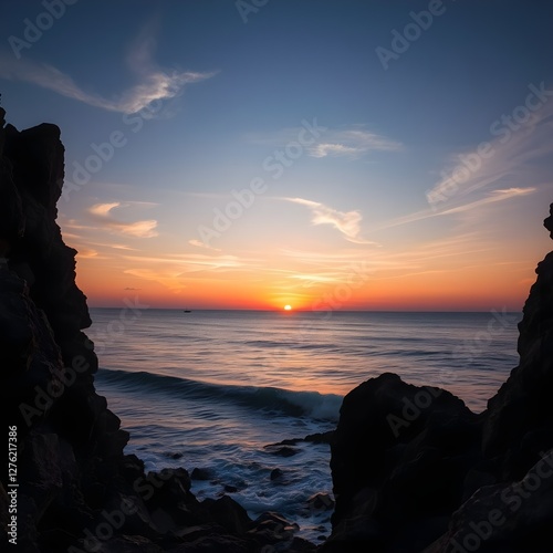 Entre las rocas se puede ver la escena del sol comenzando a ponerse en el otro extremo del mar.