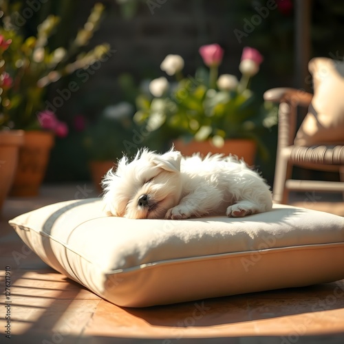 Cachorro maltés durmiendo sobre un cojín