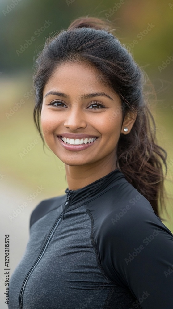 Radiant smile brightens the outdoor portrait as warm sunlight illuminates a genuine expression of joy and confidence, wearing a casual black athletic zip-up top with hair styled in a relaxed ponytail. Radiant smile brightens the outdoor portrait as warm sunlight illuminates a genuine expression of joy and confidence, wearing a casual black athletic zip-up top with hair styled in a relaxed ponytail.