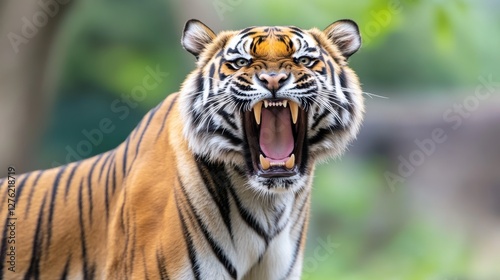 A Sumatran tiger with its mouth wide open showing sharp teeth against a blurred green backdrop. photo