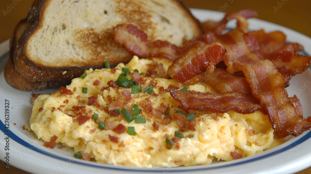Scrumptious Breakfast Plate with Crispy Bacon Scrambled Eggs and Toasted Bread Scrumptious Breakfast Plate with Crispy Bacon Scrambled Eggs and Toasted Bread