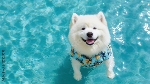 A white Samoyed dog wearing a blue floral shirt, happily swims in a turquoise pool, enjoying a refreshing dip on a sunny day.