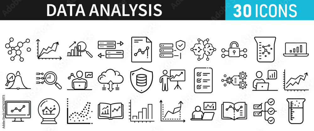 Data analysis set of icons for web. Data analytics icons in liner style. Bar Graphs, information, analysis, processing, research network collection, statistics, analytics, collection Data analysis set of icons for web. Data analytics icons in liner style. Bar Graphs, information, analysis, processing, research network collection, statistics, analytics, collection
