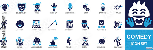 Comedy icon set . Laugh, Comedy Mask, Joke, Funny Face, Stand-up, Microphone, Clown, You can easily change the color.