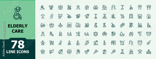Elderly Care simple icon. Contains linear outline icons like generation, retirement, medical, old, age, living, stick, home. Minimal icons. Editable stroke.