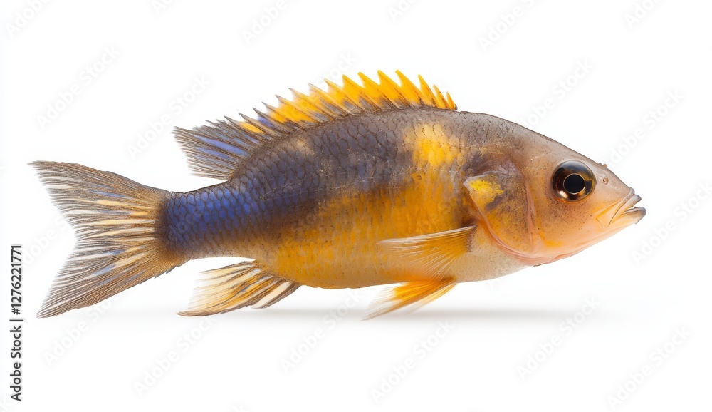 Fototapeta premium Vibrant Freshwater Fish with Striking Yellow and Blue Fins Swimming Gracefully Against White Background