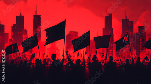A sea of red silhouettes protesting in a city at night under a blood red sky