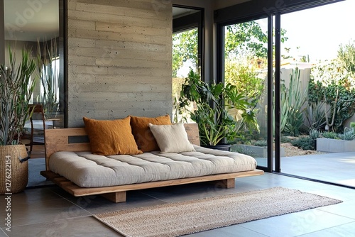 A modern minimalist interior design of a residential living room with windows and sofas. Generative AI

