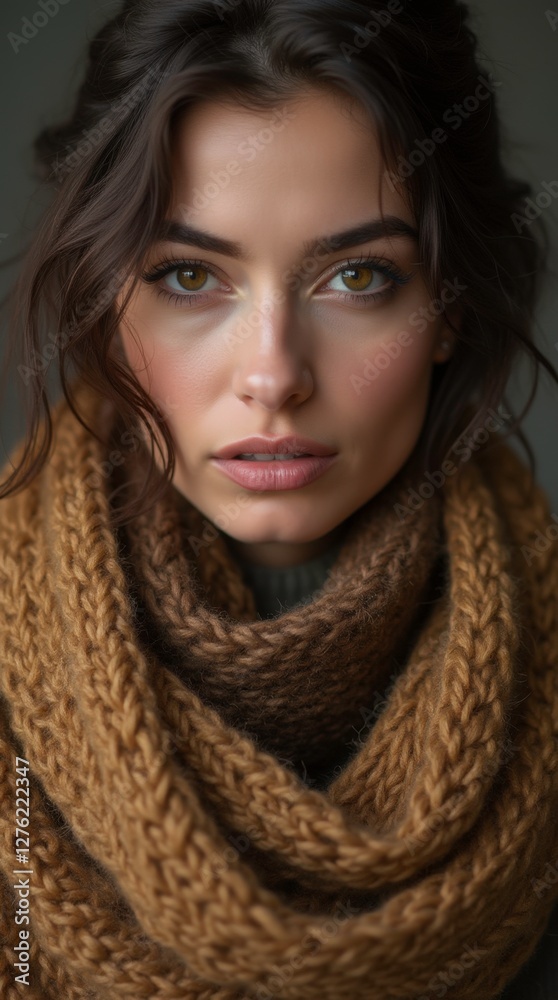 a model's face elegantly wrapped in a luxurious wool scarf, highlighting the intricate weave and texture of the fabric a model's face elegantly wrapped in a luxurious wool scarf, highlighting the intricate weave and texture of the fabric