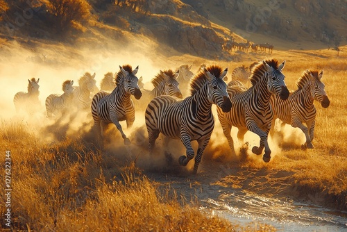 A herd of zebras runs across golden savanna grasslands