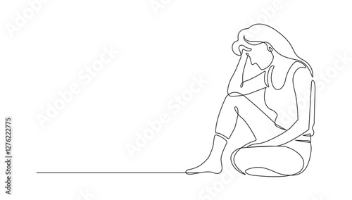 Sad Woman is Sitting Continuous One Line Drawing. Concept of Problems, Depression and Troubles in Simple Linear Style. Female Sad in Editable Stroke. Doodle Contour Vector Illustration