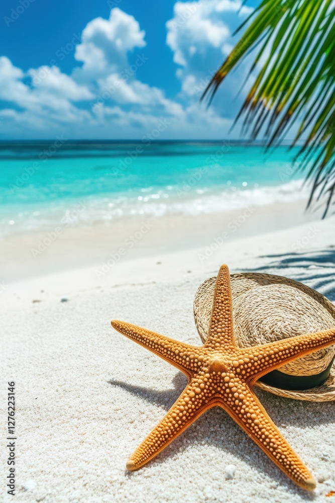 Starfish and hat on tropical beach, ocean background, summer vacation Starfish and hat on tropical beach, ocean background, summer vacation