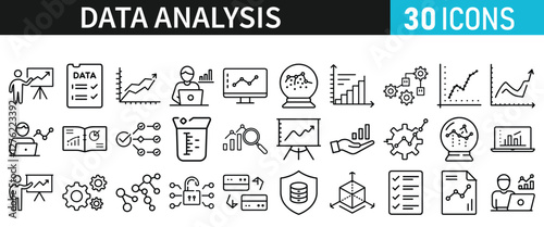 Data analysis set of icons for web. Data analytics icons in liner style. Bar Graphs, information, analysis, processing, research network collection, statistics, analytics, collection