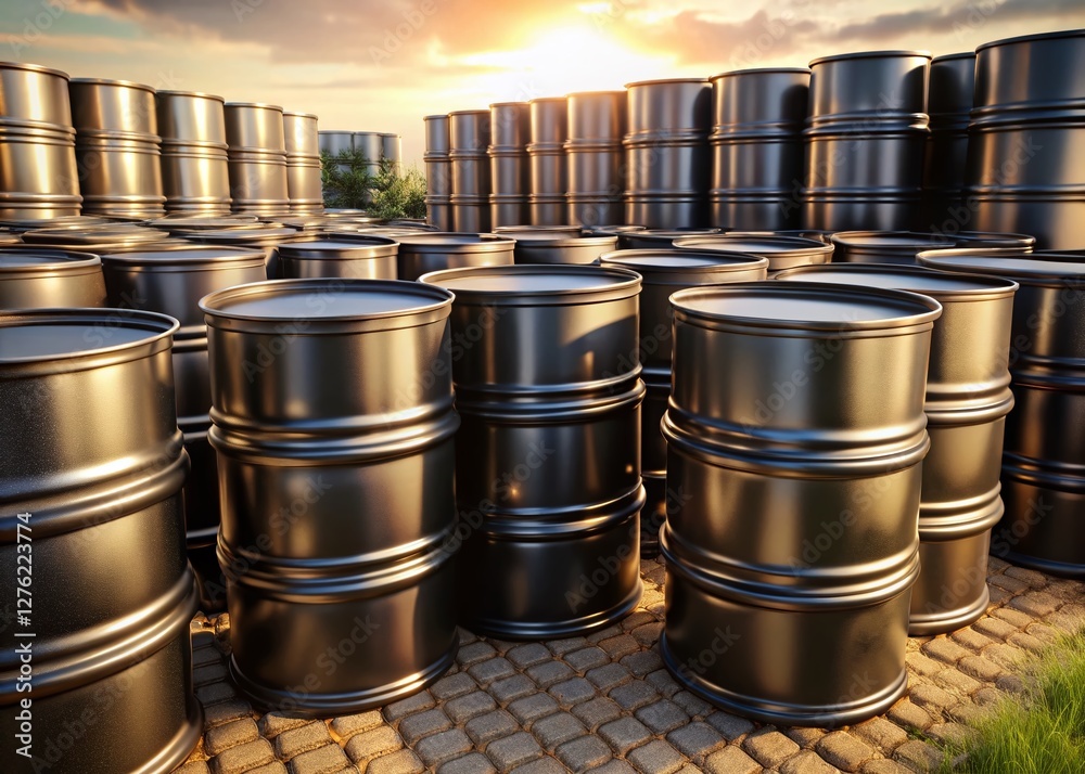 Industrial Black Metal Barrels Stock Photo: 3D Render of Stacked Drums Industrial Black Metal Barrels Stock Photo: 3D Render of Stacked Drums