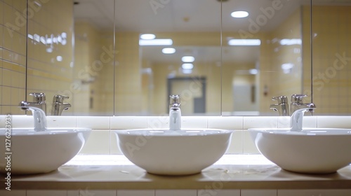 Row of white washbasins in modern bathroom