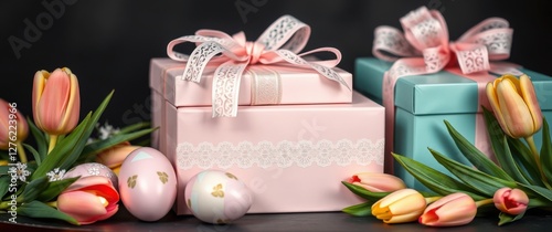Festive Easter gifts with tulips and decorated eggs against a dark backdrop, showcasing spring celebration.