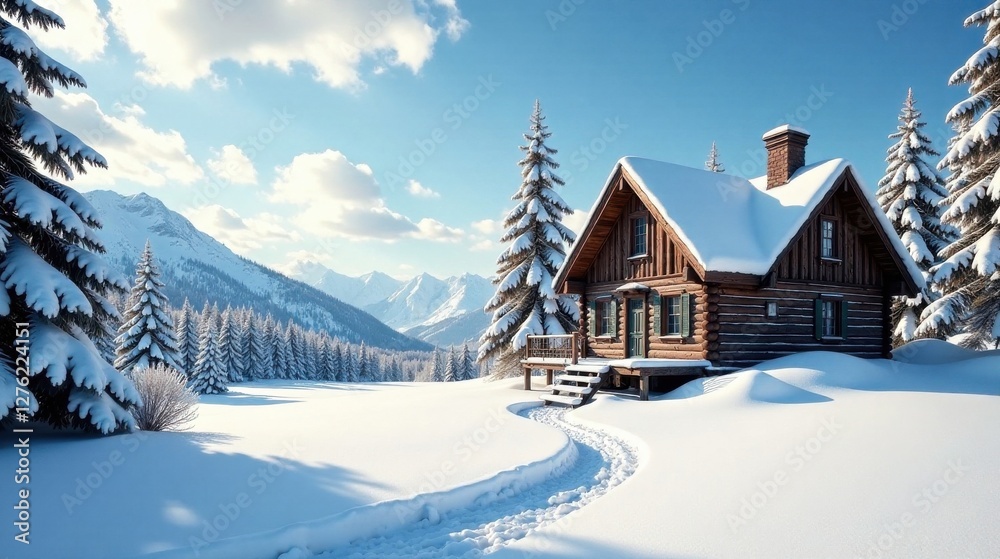 Secluded Wooden Cabin Nestled in a Snowy Mountain Landscape with a Winding Footpath Leading to its Entrance on a Bright Sunny Day Secluded Wooden Cabin Nestled in a Snowy Mountain Landscape with a Winding Footpath Leading to its Entrance on a Bright Sunny Day