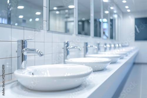 Row of white washbasins in modern bathroom