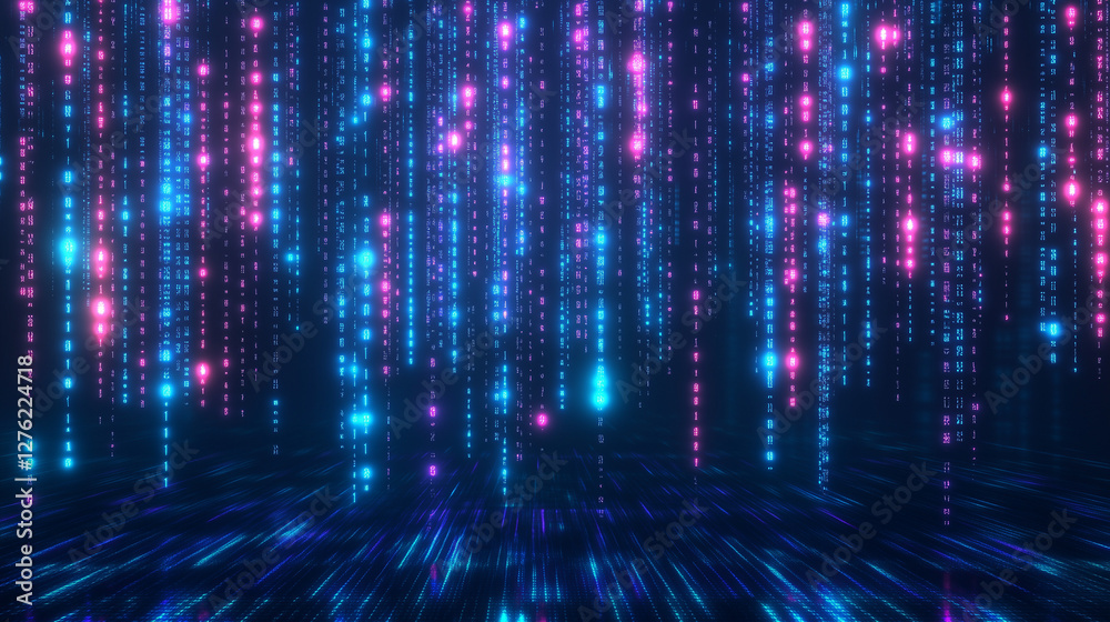 Abstract futuristic background featuring glowing neon binary code and holographic digital data flowing down on a dark blue background, creating a cyber technology concept. This matrix rain effect with Abstract futuristic background featuring glowing neon binary code and holographic digital data flowing down on a dark blue background, creating a cyber technology concept. This matrix rain effect with