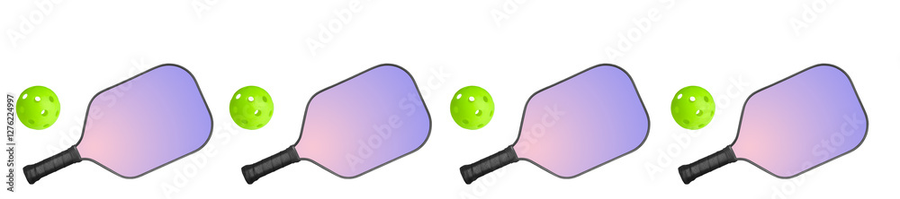 Panorama pattern of pink purple pickleball rackets and green pickleball balls on white background.
