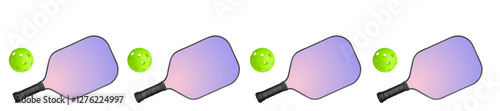 Obraz na płótnie Panorama pattern of pink purple pickleball rackets and green pickleball balls on white background. w salonie
