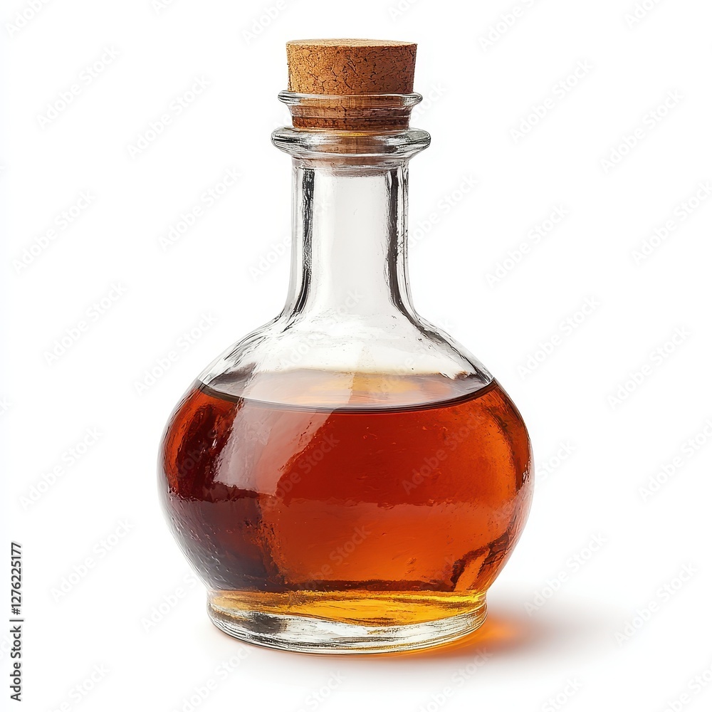 Amber liquid in a glass bottle with a cork stopper. Amber liquid in a glass bottle with a cork stopper.